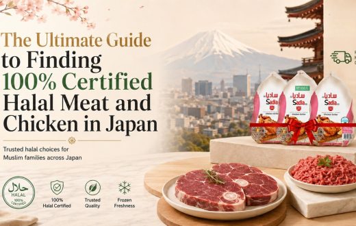 Three packs of Sadia frozen chicken along with fresh raw steaks and minced meat on a wooden table, with Mount Fuji in the background, promoting halal meat in Japan.