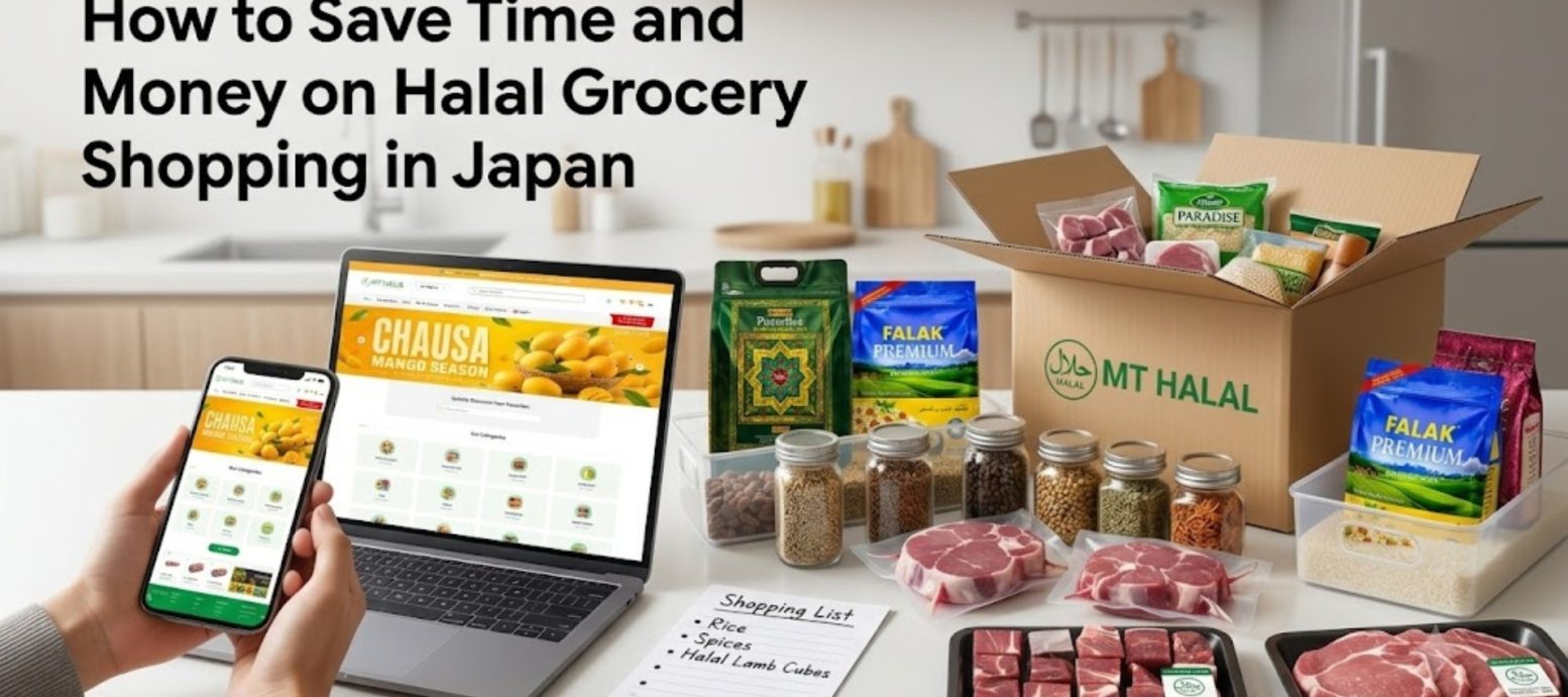 A person holding a smartphone showing an online store, with a laptop, a shopping list, and a delivery box filled with Halal groceries and meat on a table.