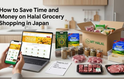 A person holding a smartphone showing an online store, with a laptop, a shopping list, and a delivery box filled with Halal groceries and meat on a table.
