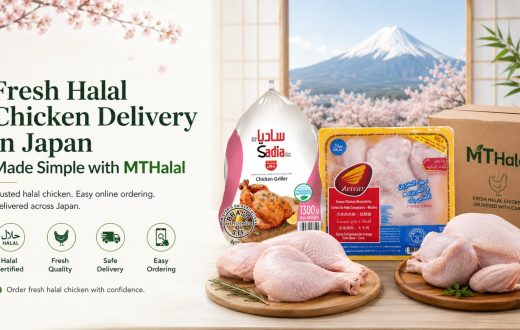 Fresh halal chicken products from brands like Sadia and Avivar displayed with an MT Halal delivery box, promoting simple and reliable fresh halal chicken delivery across Japan.