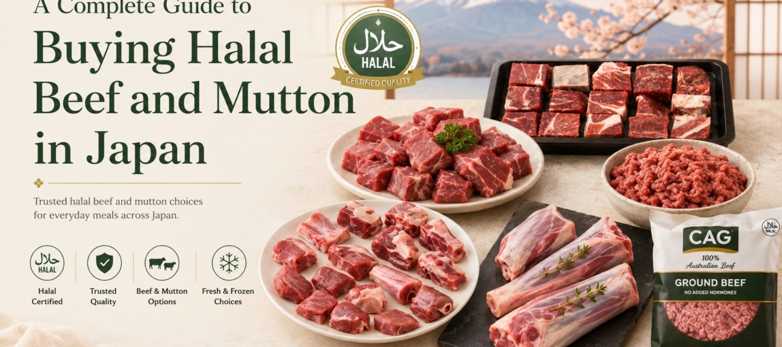 Fresh and frozen Halal-certified beef and mutton cuts displayed on a table with a background of Mount Fuji and cherry blossoms.