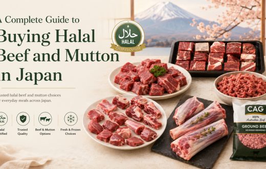 Fresh and frozen Halal-certified beef and mutton cuts displayed on a table with a background of Mount Fuji and cherry blossoms.