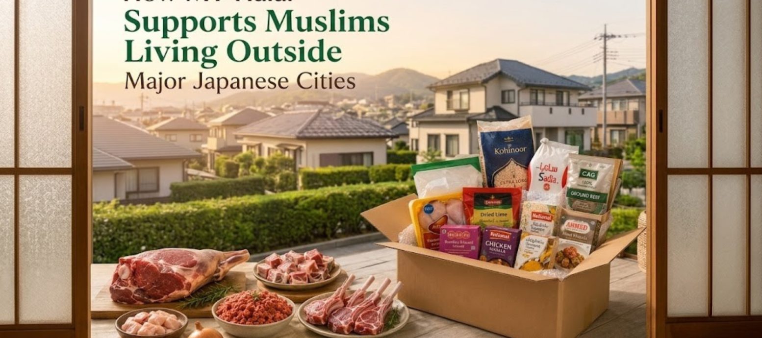 A delivery box filled with Halal groceries and assorted fresh meat cuts arranged on a wooden floor in front of a scenic residential view.