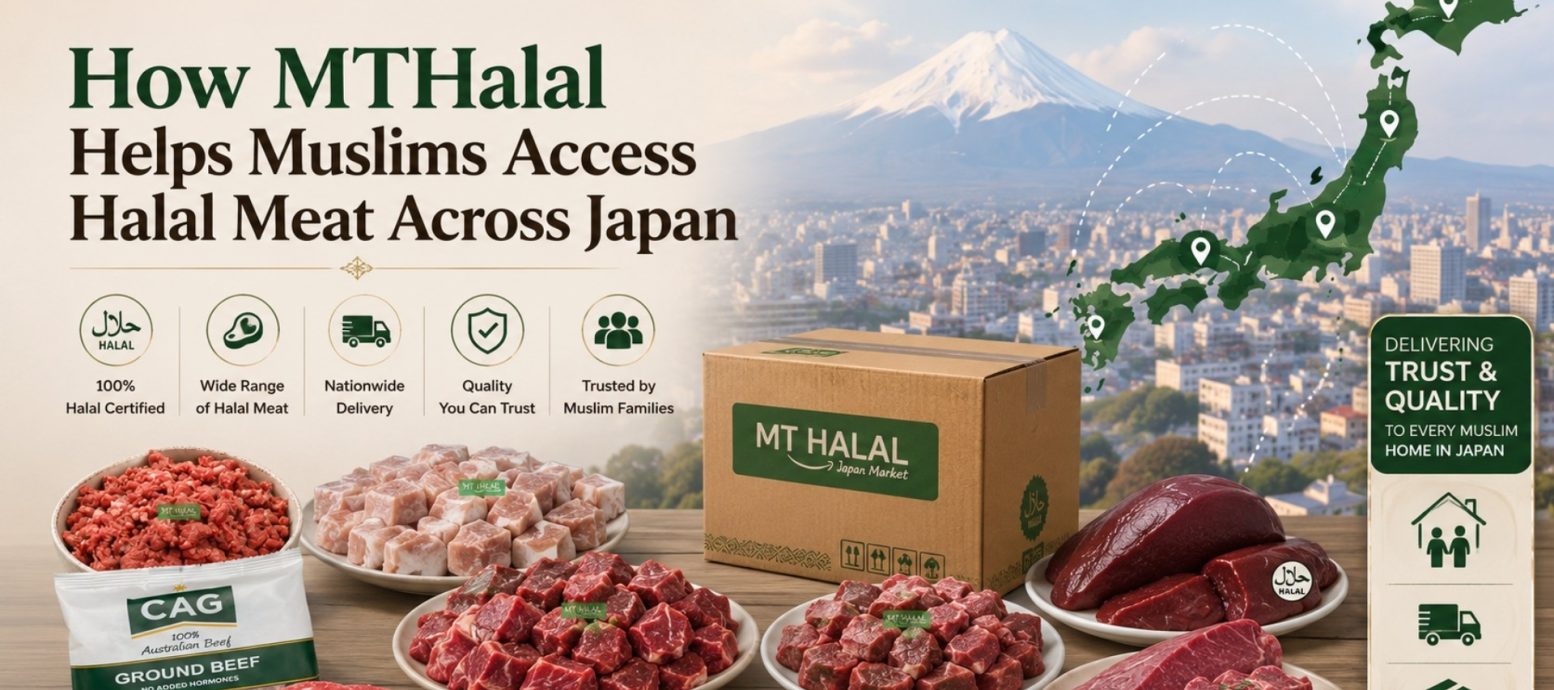 MT Halal delivery box surrounded by fresh Halal-certified meat cuts and ground beef, with a map of Japan in the background.