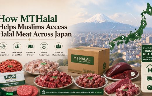 MT Halal delivery box surrounded by fresh Halal-certified meat cuts and ground beef, with a map of Japan in the background.