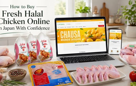 Fresh raw chicken, chicken wings, and packaged Sadia and Avivar Halal chicken products displayed alongside a laptop and smartphone showing the MT Halal online store.