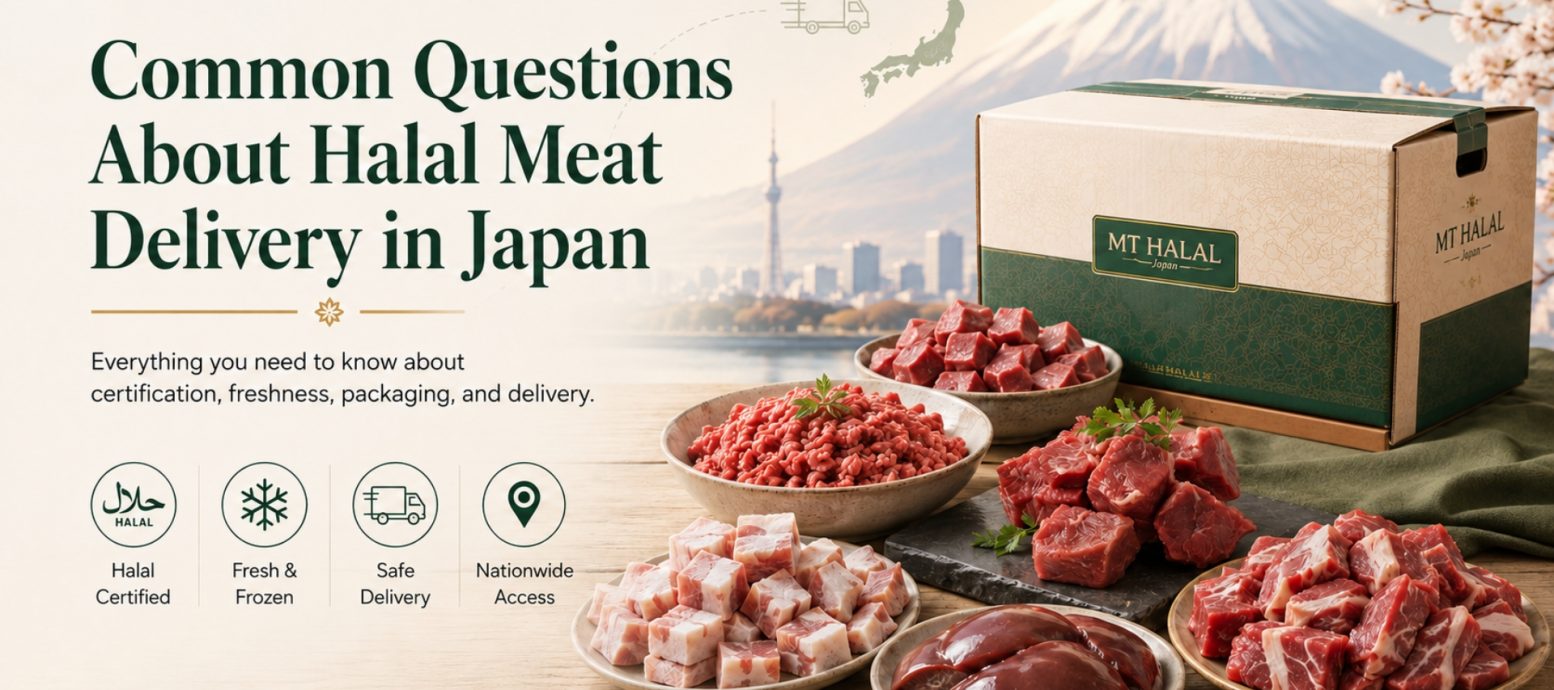 MT Halal delivery box with a variety of fresh Halal-certified meat cuts, set against a background of Mount Fuji, illustrating FAQs about Halal meat delivery in Japan.