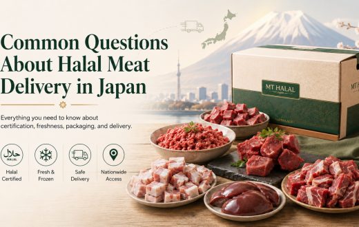 MT Halal delivery box with a variety of fresh Halal-certified meat cuts, set against a background of Mount Fuji, illustrating FAQs about Halal meat delivery in Japan.