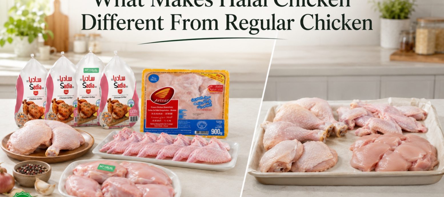 A comparison of Halal-certified chicken products, including whole grillers, wings, and various cuts, placed on a kitchen counter.