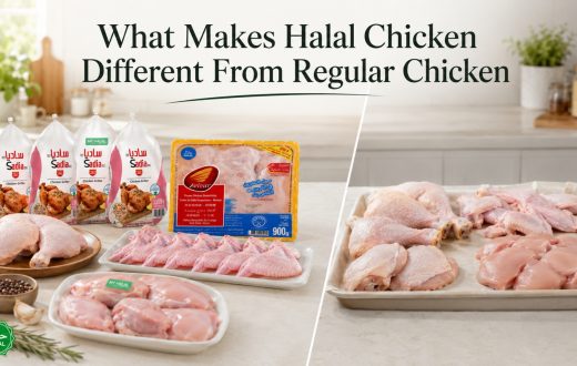 A comparison of Halal-certified chicken products, including whole grillers, wings, and various cuts, placed on a kitchen counter.