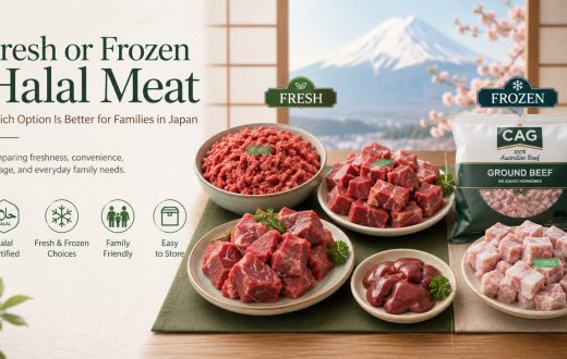 Fresh and frozen Halal meat options including ground beef and cubed meat displayed on a table, with a Mount Fuji and cherry blossom background, comparing freshness and storage for families in Japan.