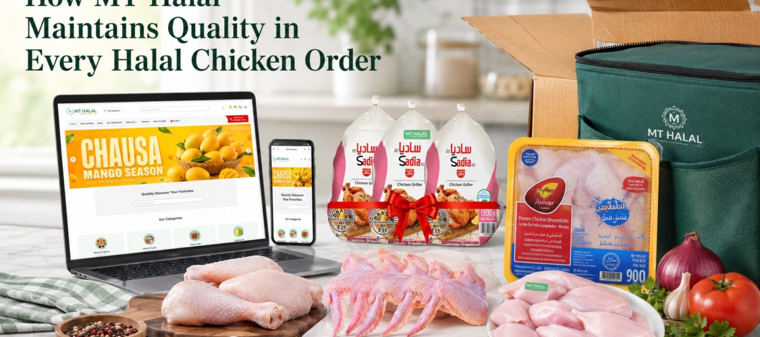 A laptop and smartphone showing an online store, positioned next to fresh chicken cuts and packaged Halal chicken products with an MT Halal thermal delivery bag.