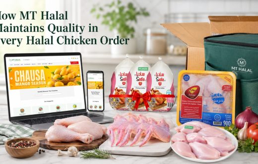 A laptop and smartphone showing an online store, positioned next to fresh chicken cuts and packaged Halal chicken products with an MT Halal thermal delivery bag.