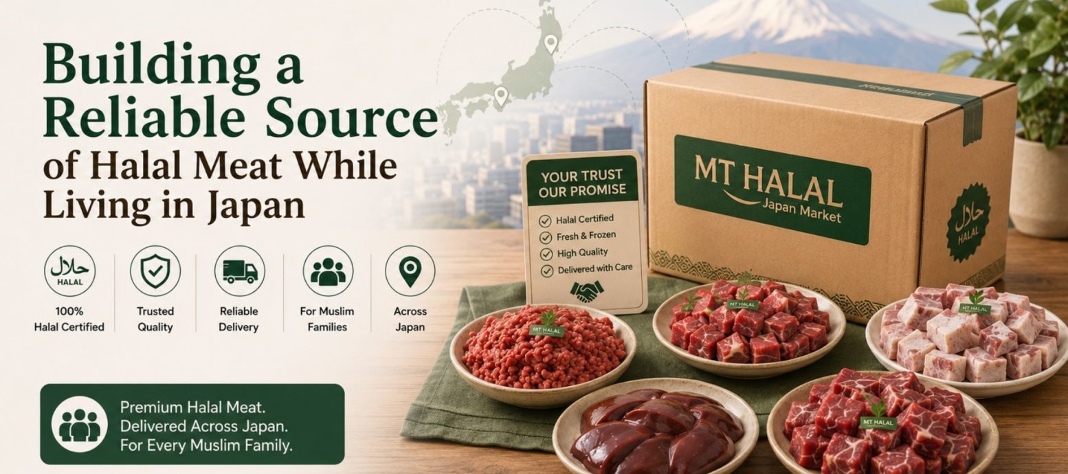 MT Halal delivery box and a selection of fresh Halal-certified meat cuts on a table with a map of Japan, representing a reliable source for Halal meat.