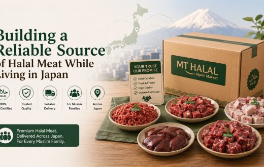MT Halal delivery box and a selection of fresh Halal-certified meat cuts on a table with a map of Japan, representing a reliable source for Halal meat.