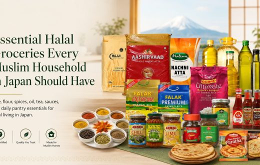 A collection of essential Halal grocery items including basmati rice, flour, cooking oils, spices, pickles, and sauces arranged on a table with a Mount Fuji background for Muslim households in Japan.