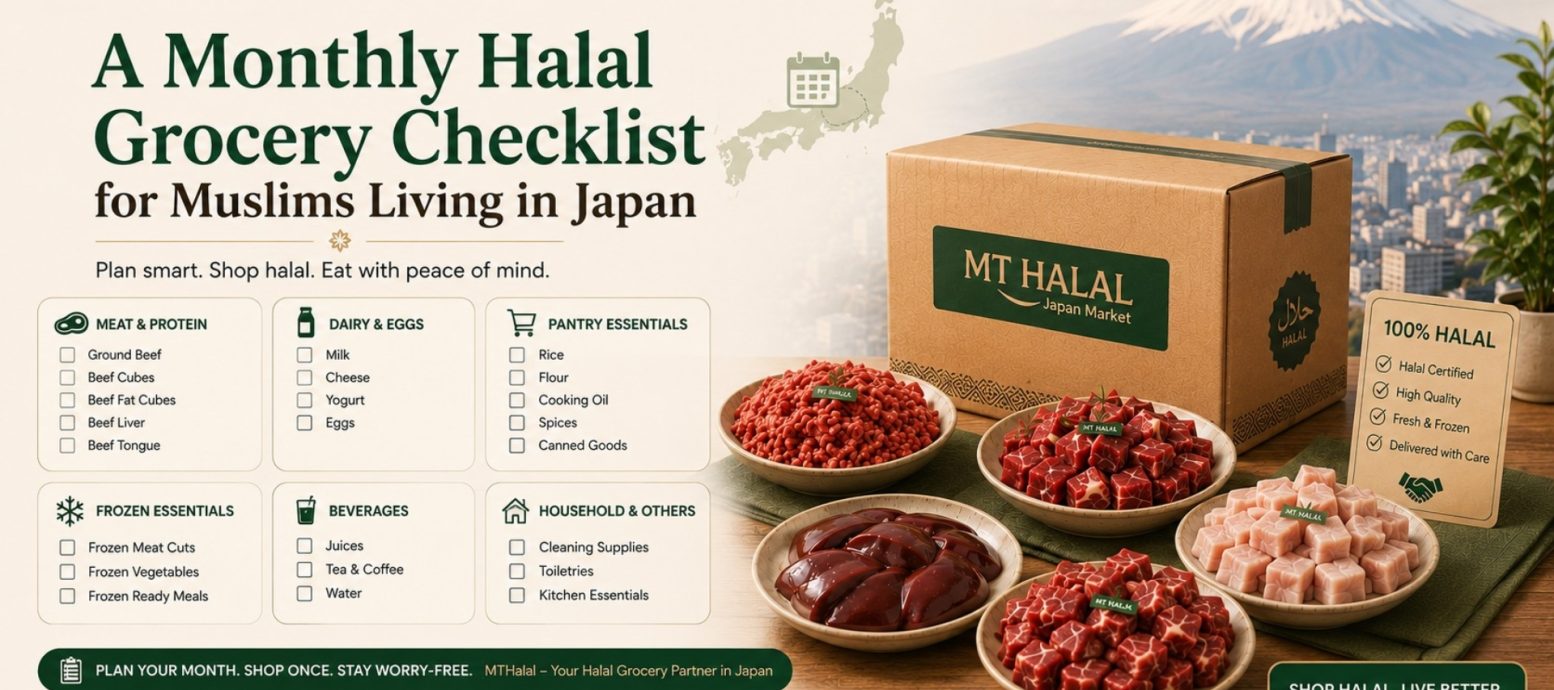 A comprehensive monthly Halal grocery checklist for Muslim families in Japan, displayed alongside an MT Halal delivery box and a variety of fresh meat cuts.