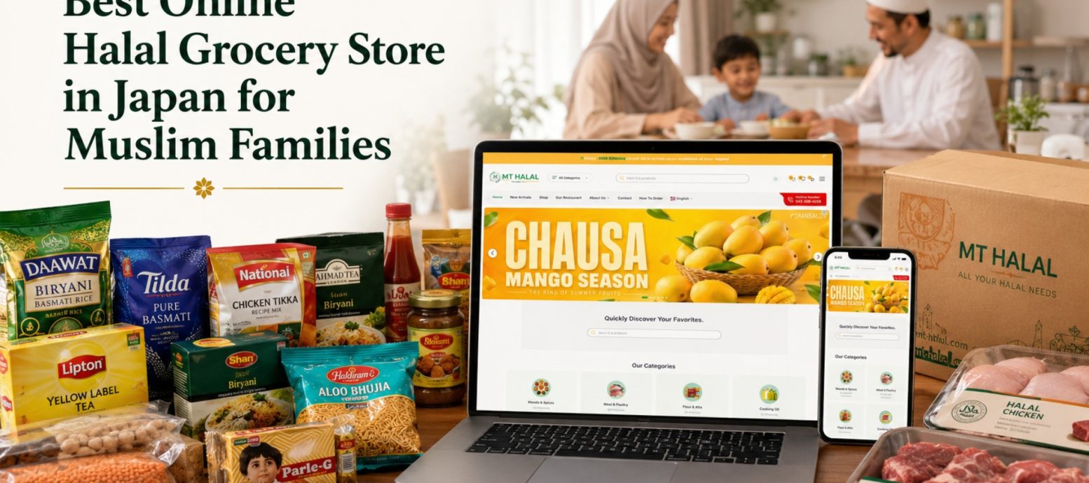 A laptop and smartphone displaying the MT Halal online grocery store website, surrounded by various Halal food products, with a Muslim family in the background.