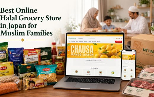 A laptop and smartphone displaying the MT Halal online grocery store website, surrounded by various Halal food products, with a Muslim family in the background.
