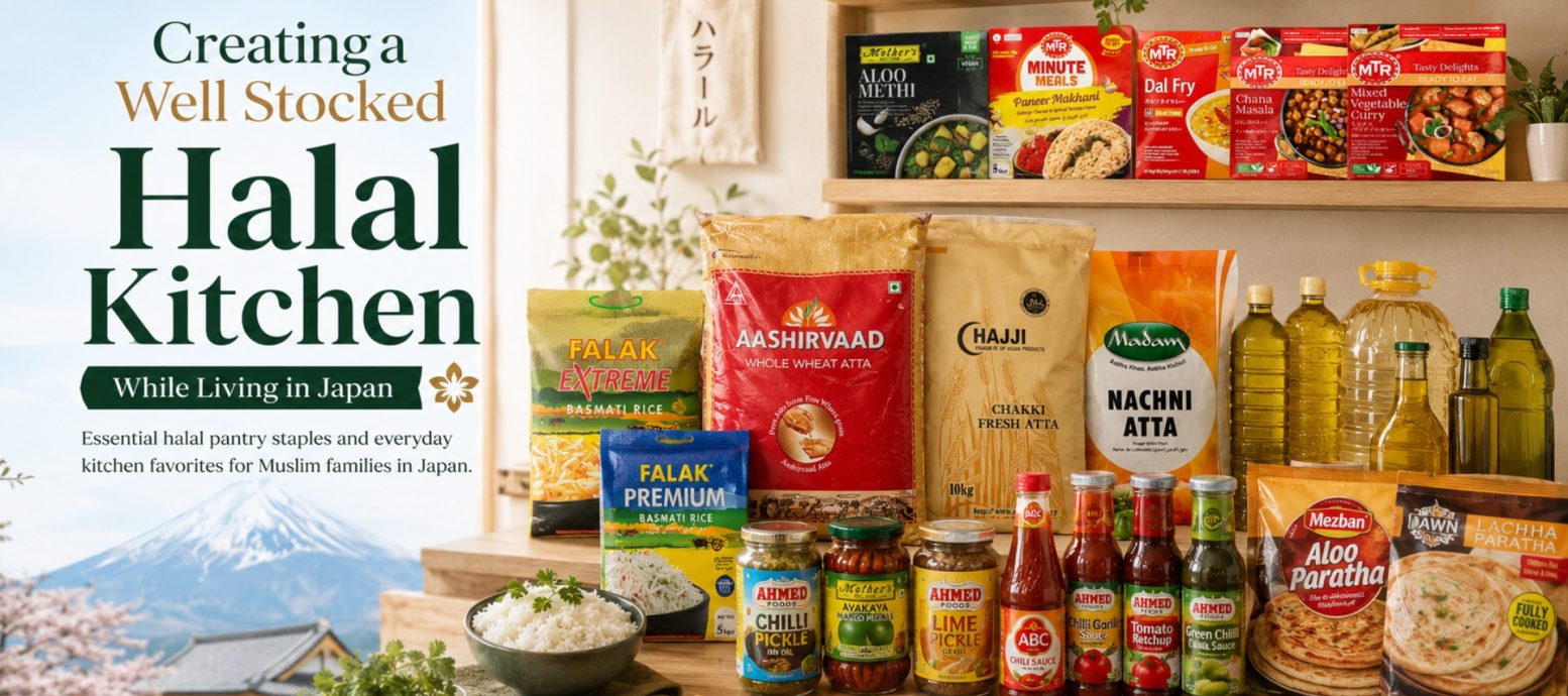 A collection of essential Halal pantry staples, including basmati rice, flour, pickles, and ready-to-eat meals, organized for a well-stocked Halal kitchen in Japan.