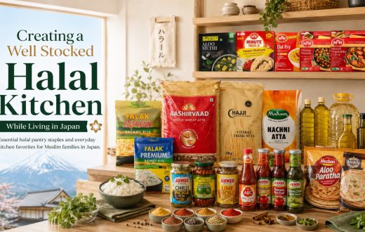 A collection of essential Halal pantry staples, including basmati rice, flour, pickles, and ready-to-eat meals, organized for a well-stocked Halal kitchen in Japan.