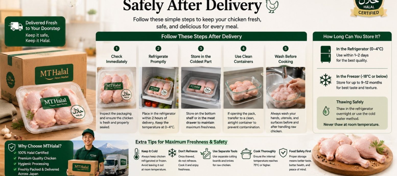 An infographic guide by MTHalal on safely storing fresh Halal chicken, including refrigeration steps, freezer tips, and food safety advice for families in Japan.