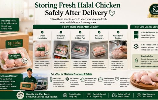 An infographic guide by MTHalal on safely storing fresh Halal chicken, including refrigeration steps, freezer tips, and food safety advice for families in Japan.