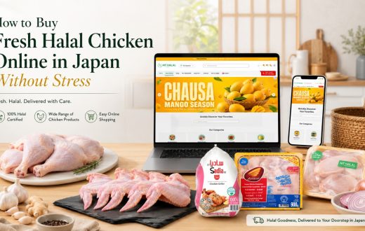Fresh raw chicken, chicken wings, and packaged Halal chicken products displayed alongside a laptop and smartphone showing the MT Halal online store.