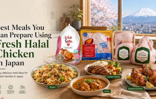Various delicious dishes like biryani, curry, and roasted chicken prepared with fresh Halal chicken, showcasing meal ideas for Muslim families in Japan.