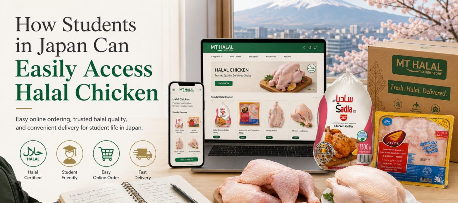 MTHalal online grocery website on a laptop and smartphone screen, displaying Halal chicken products with a student's notebook and study materials in the foreground.