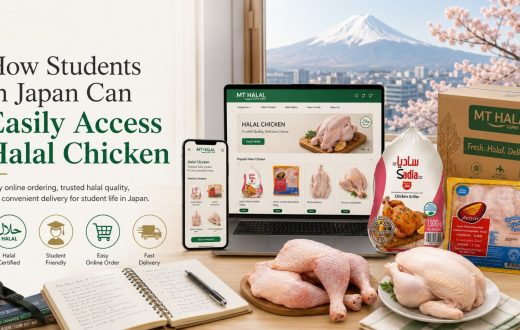 MTHalal online grocery website on a laptop and smartphone screen, displaying Halal chicken products with a student's notebook and study materials in the foreground.