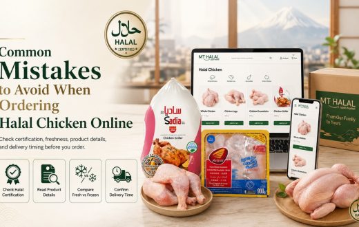 An informational graphic showing MTHalal's online ordering platform, with tips on checking Halal certification, comparing fresh versus frozen chicken, and reading product details before purchasing.