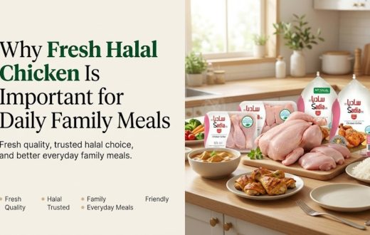 A kitchen counter setting showcasing fresh Sadia Halal chicken products and prepared meals, emphasizing the importance of quality, trusted ingredients for family cooking.