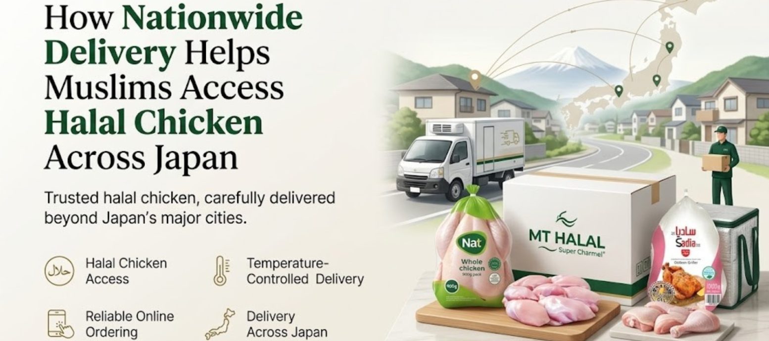 A delivery truck and map of Japan illustrating MT Halal's nationwide delivery service for Halal chicken, with fresh poultry products ready for transport.