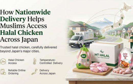 A delivery truck and map of Japan illustrating MT Halal's nationwide delivery service for Halal chicken, with fresh poultry products ready for transport.