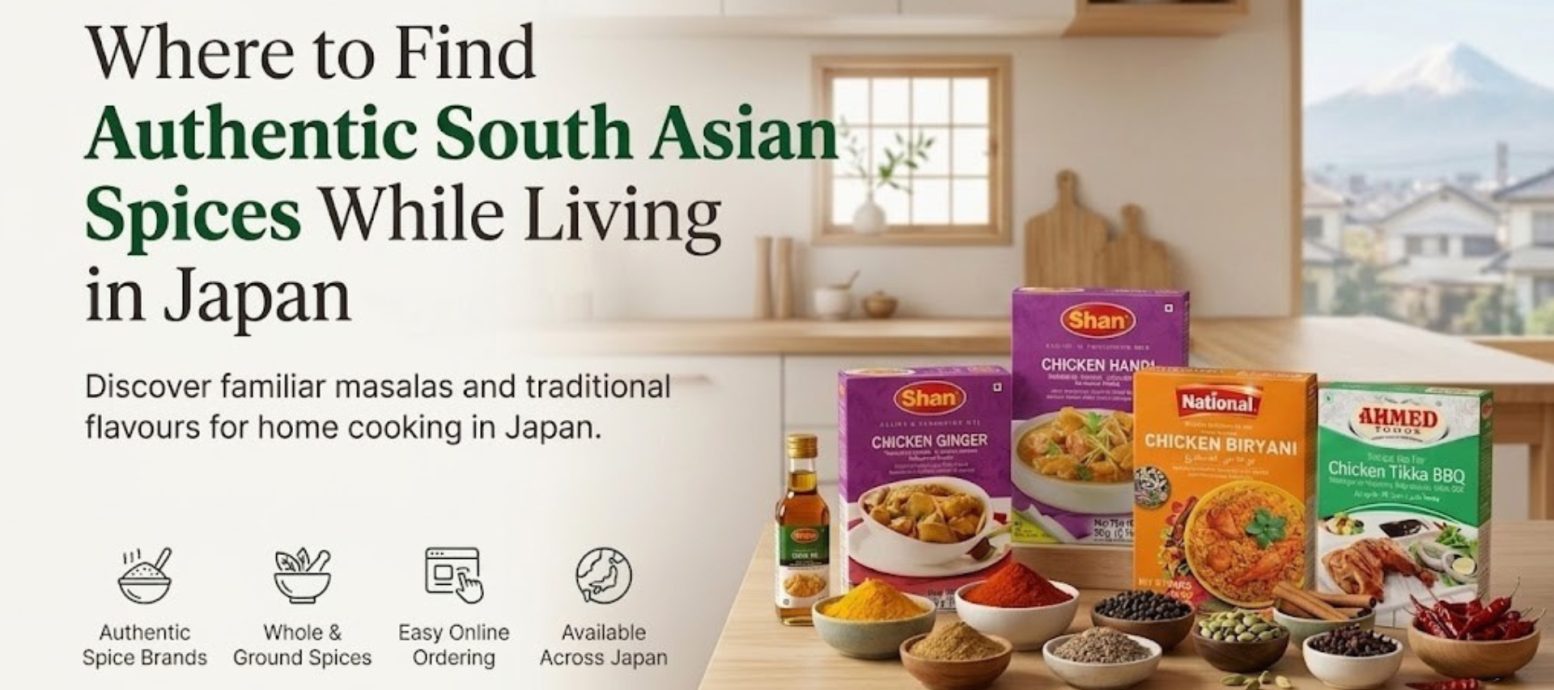 A selection of authentic South Asian spice brands like Shan, National, and Ahmed Foods displayed on a kitchen table in Japan, highlighting easy online ordering.