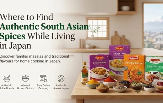 A selection of authentic South Asian spice brands like Shan, National, and Ahmed Foods displayed on a kitchen table in Japan, highlighting easy online ordering.