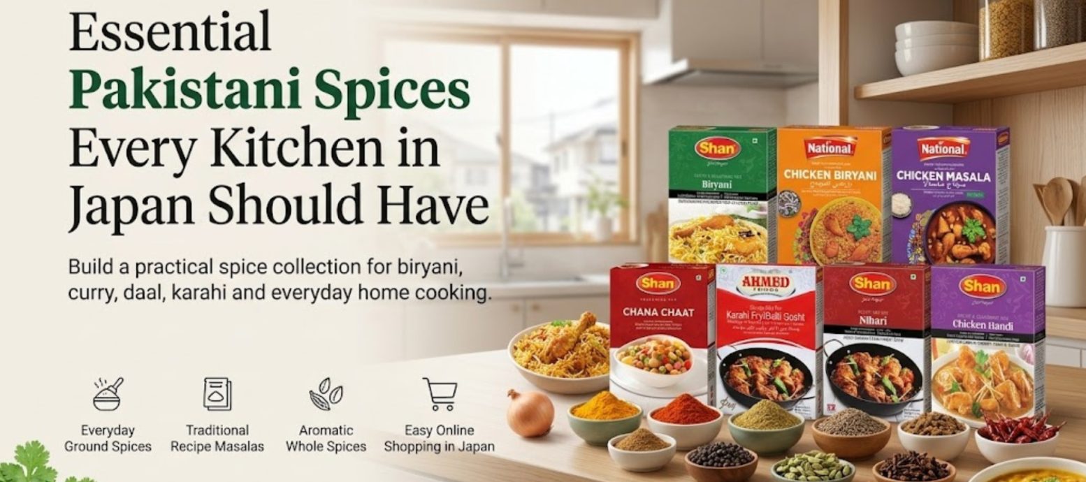 A collection of essential Pakistani spice mix boxes like Shan, National, and Ahmed Foods on a kitchen counter, featuring ingredients for biryani, curry, and daal.