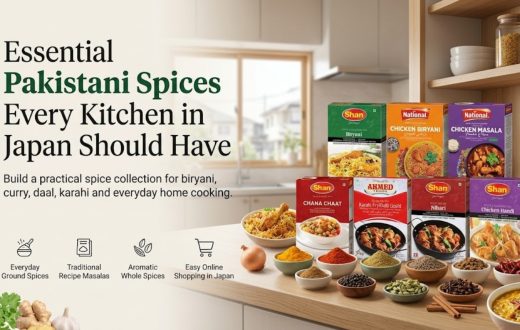 A collection of essential Pakistani spice mix boxes like Shan, National, and Ahmed Foods on a kitchen counter, featuring ingredients for biryani, curry, and daal.