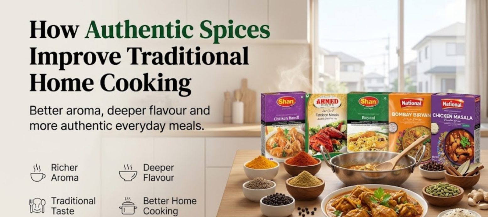 A selection of authentic spice mixes from Shan, Ahmed Foods, and National arranged with freshly cooked chicken curry in a bowl, highlighting key benefits of using traditional spices.