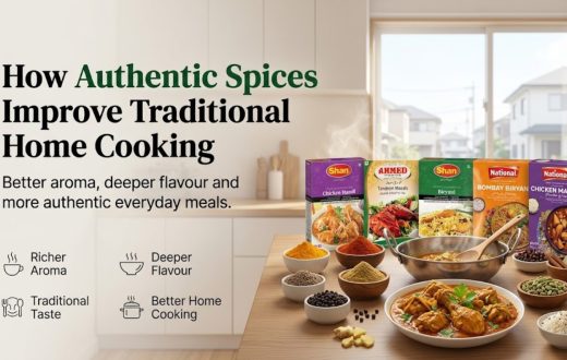 A selection of authentic spice mixes from Shan, Ahmed Foods, and National arranged with freshly cooked chicken curry in a bowl, highlighting key benefits of using traditional spices.