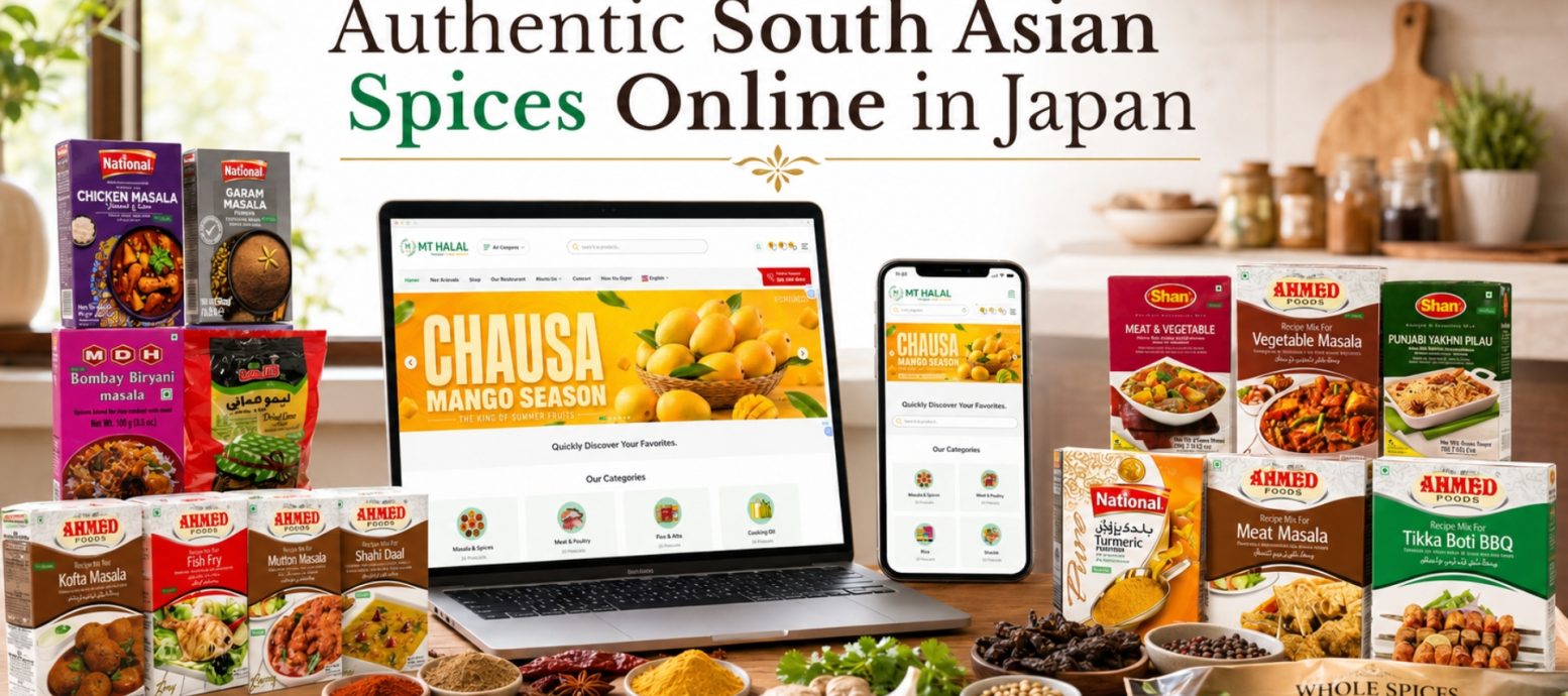 A variety of authentic South Asian spice packets from brands like National, Shan, and Ahmed Foods arranged on a table with a laptop and smartphone displaying an online grocery store.