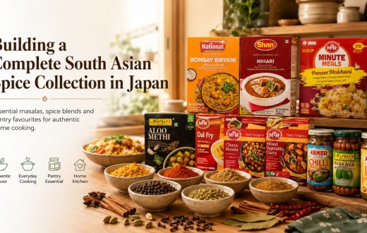 A curated collection of essential South Asian pantry items, including Shan and National masala packets, MTR ready-to-eat meals, and Ahmed Foods pickles, organized on a kitchen counter in Japan.