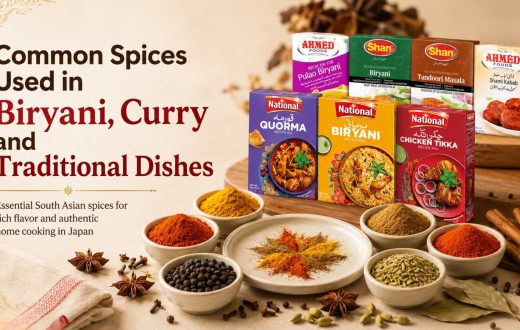 "Common Spices Used in Biryani, Curry and Traditional Dishes, featuring various recipe mix boxes and bowls of spices."