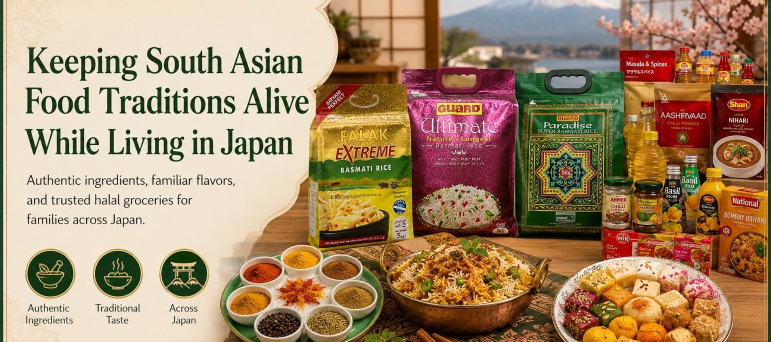 A variety of authentic South Asian food products, including Basmati rice brands like Falak and Guard, spices, and traditional sweets, arranged on a table with a bowl of biryani, set against a background of Mount Fuji.