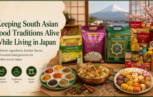A variety of authentic South Asian food products, including Basmati rice brands like Falak and Guard, spices, and traditional sweets, arranged on a table with a bowl of biryani, set against a background of Mount Fuji.