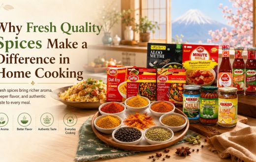 A variety of MTR ready-to-eat meals, Ahmed Foods pickles, and various fresh spices in bowls arranged on a table, highlighting the importance of quality ingredients in home cooking, with Mount Fuji in the background.