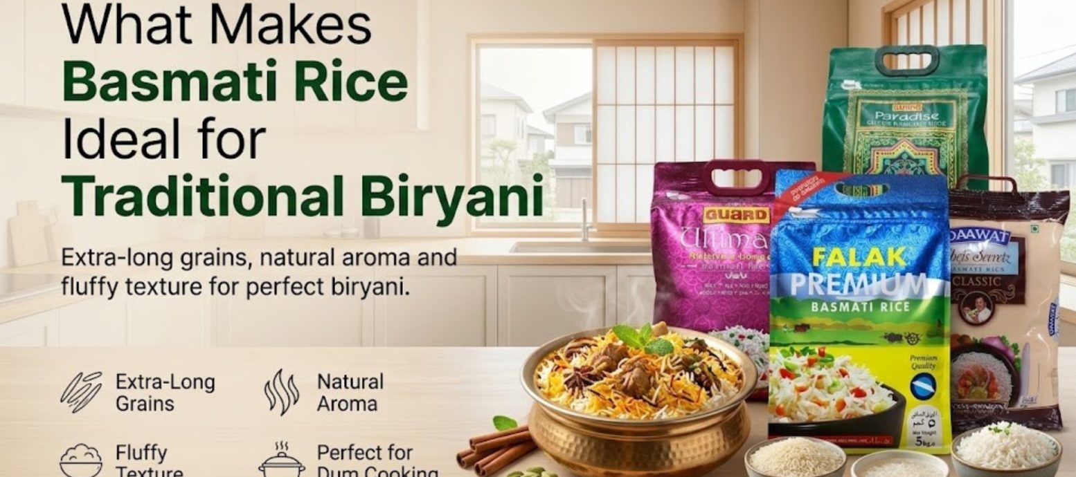"What Makes Basmati Rice Ideal for Traditional Biryani, featuring key characteristics like extra-long grains, natural aroma, and fluffy texture with various rice brands."
