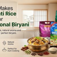 "What Makes Basmati Rice Ideal for Traditional Biryani, featuring key characteristics like extra-long grains, natural aroma, and fluffy texture with various rice brands."
