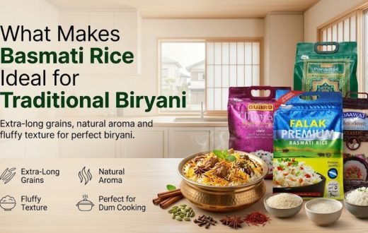 "What Makes Basmati Rice Ideal for Traditional Biryani, featuring key characteristics like extra-long grains, natural aroma, and fluffy texture with various rice brands."